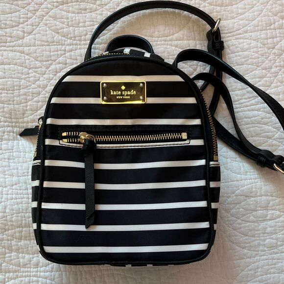 Kate Spade Wilson Road Mini Bradley French Stripe Nylon Backpack Black White New - Picture 4 of 9